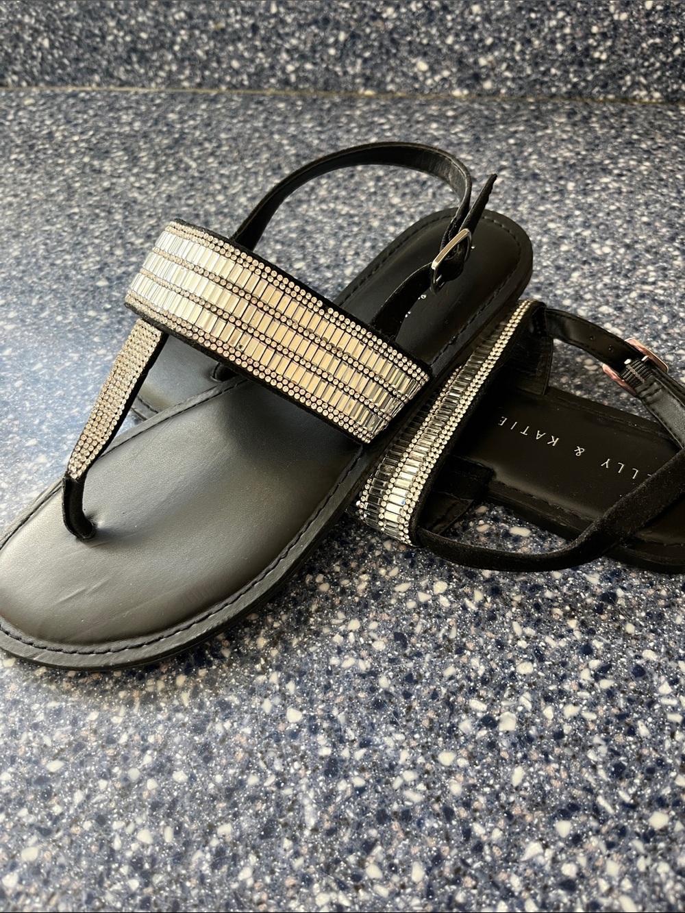 Kelly & Katie Black T-Strap Sandals with Silver Rhinestone Band